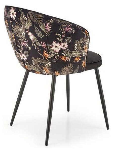 Scaun tapitat K506, negru, cu imprimeu floral, stofa catifelata, 55x60x82 cm