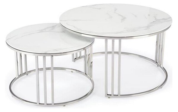 Set 2 masute de cafea MERCURY 2, alb/argintiu, sticla/otel, 80/45x60/38 cm