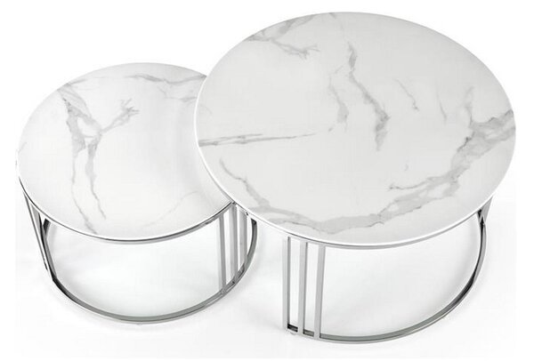 Set 2 masute de cafea MERCURY 2, alb/argintiu, sticla/otel, 80/45x60/38 cm
