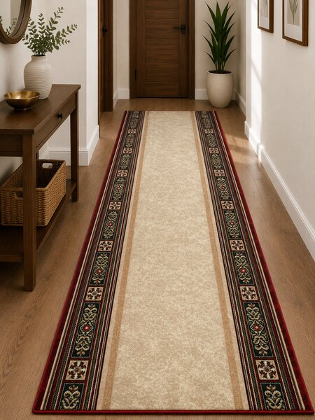 Traversa Hol Pensiune Hotel Biserica, Model Lotos 518 120, Latime 120 cm, Rosu Grena Bej, Festonata la capete 120 x 300