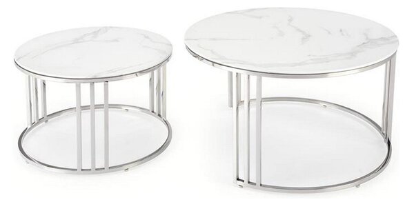Set 2 masute de cafea MERCURY 2, alb/argintiu, sticla/otel, 80/45x60/38 cm
