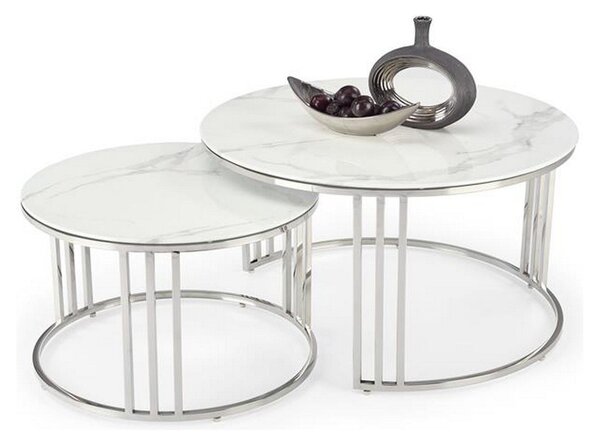 Set 2 masute de cafea MERCURY 2, alb/argintiu, sticla/otel, 80/45x60/38 cm