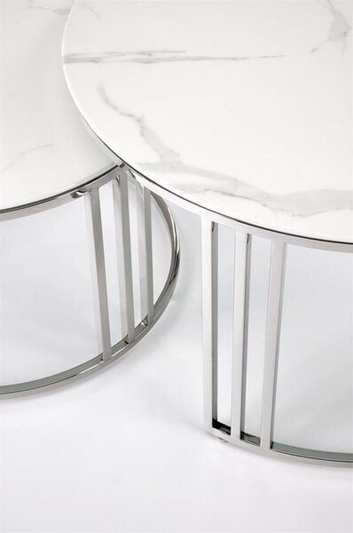 Set 2 masute de cafea MERCURY 2, alb/argintiu, sticla/otel, 80/45x60/38 cm