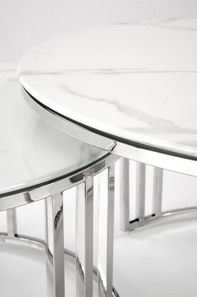 Set 2 masute de cafea MERCURY 2, alb/argintiu, sticla/otel, 80/45x60/38 cm