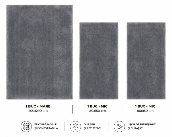 Covor Belgian din Microfibra, Model Sky 71301 070 Lavabil, Fir moale, Gri Set 80 x 150-2 buc 200x290 -1 buc 80 x 150-2/200x290-1