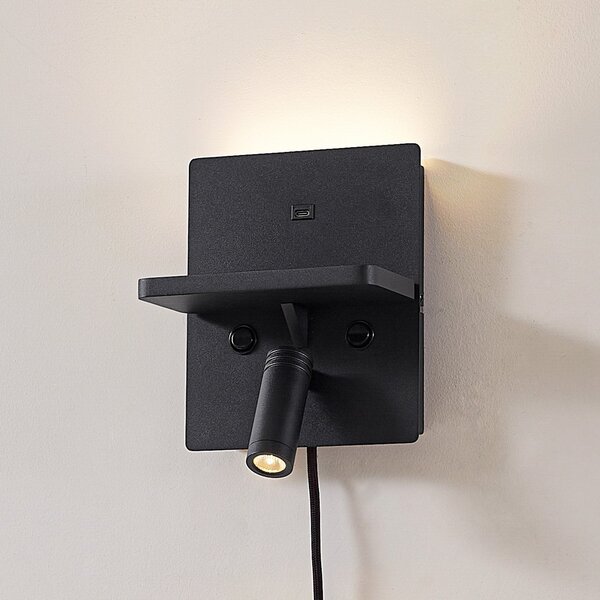 Lindby Aplică de perete LED Auden, negru, priză, stație încărcare, Negru, Camera de zi / sufragerie, Metal, Modern