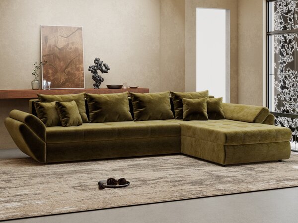 Colțar extensibil dumonde cu ladă de depozitare si sezut confortabil din spuma high-density, Loana XL Monolith Verde Olive II 335x185 cm