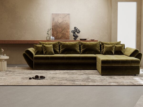 Colțar extensibil dumonde cu ladă de depozitare si sezut confortabil din spuma high-density, Loana XL Monolith Verde Olive II 335x185 cm