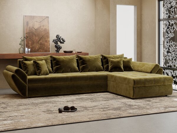 Colțar extensibil dumonde cu ladă de depozitare si sezut confortabil din spuma high-density, Loana XL Monolith Verde Olive II 335x185 cm