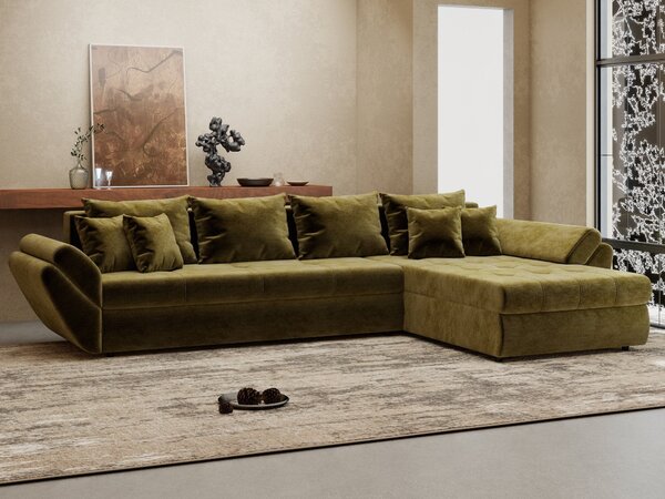 Colțar extensibil dumonde cu ladă de depozitare si sezut confortabil din spuma high-density, Loana XL Monolith Verde Olive II 335x185 cm
