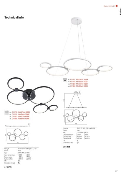 Redo 01-1742 - Lustră LED pe cablu RADIUS LED/45W/230V alb