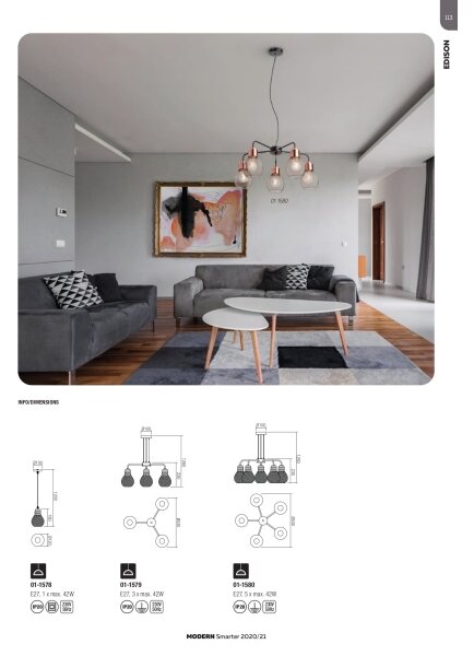 Redo 01-1579 - Candelabru suspendat pe cablu EDISON 3xE27/42W/230V, diametru 53 cm, negru/cupru