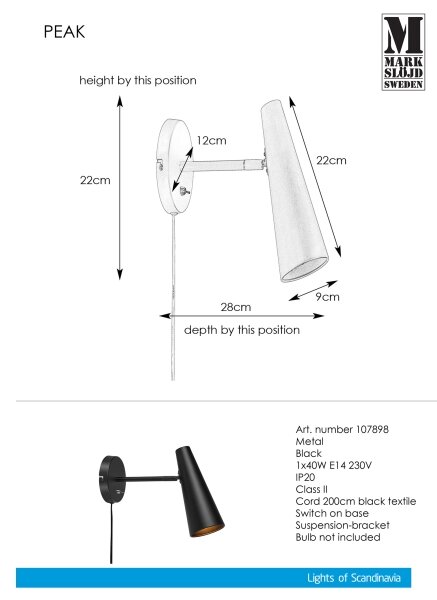 Markslöjd 107898 - Lampă de perete PEAK 1xE14/40W/230V