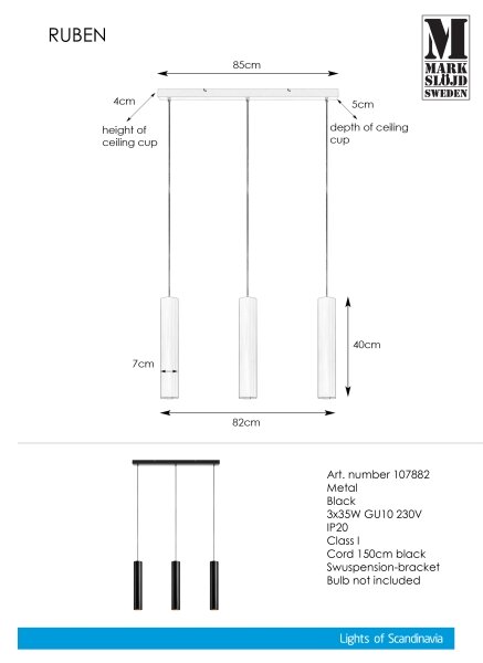 Markslöjd 107882 - Lustră pe cablu RUBEN 3xGU10/35W/230V