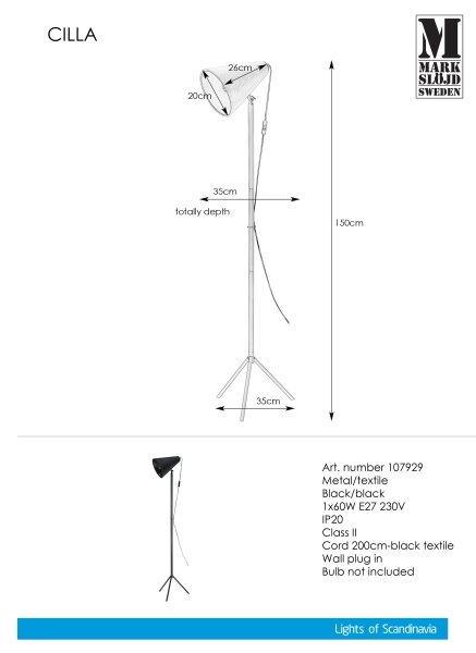 Markslöjd 107929 - Lampadar CILLA 1xE27/60W/230V