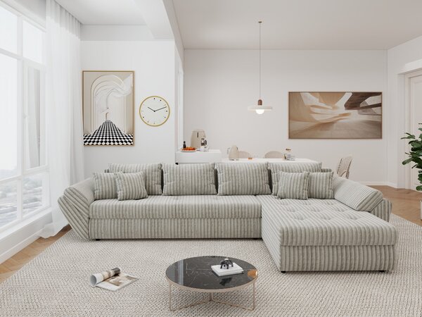 Colțar extensibil dumonde cu ladă de depozitare si sezut confortabil din spuma high-density, Loana XL Tilia Bej 08 II 335x185 cm