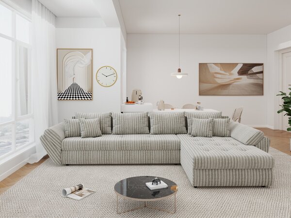 Colțar extensibil dumonde cu ladă de depozitare si sezut confortabil din spuma high-density, Loana XL Tilia Bej 08 II 335x185 cm