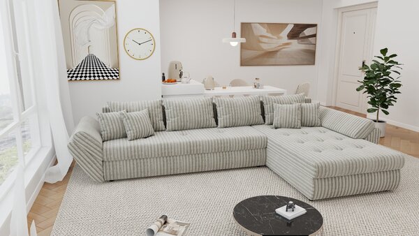 Colțar extensibil dumonde cu ladă de depozitare si sezut confortabil din spuma high-density, Loana XL Tilia Bej 08 II 335x185 cm
