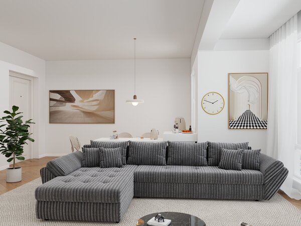 Colțar extensibil dumonde cu ladă de depozitare si sezut confortabil din spuma high-density, Loana XL Tilia Gri 90 335x185 cm