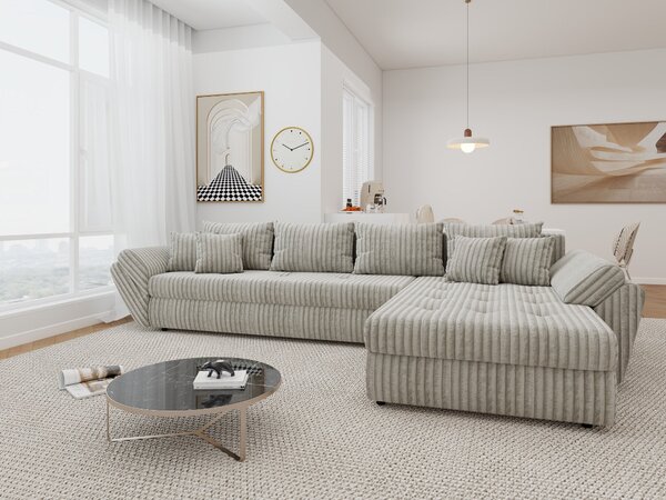 Colțar extensibil dumonde cu ladă de depozitare si sezut confortabil din spuma high-density, Loana XL Tilia Bej 08 II 335x185 cm