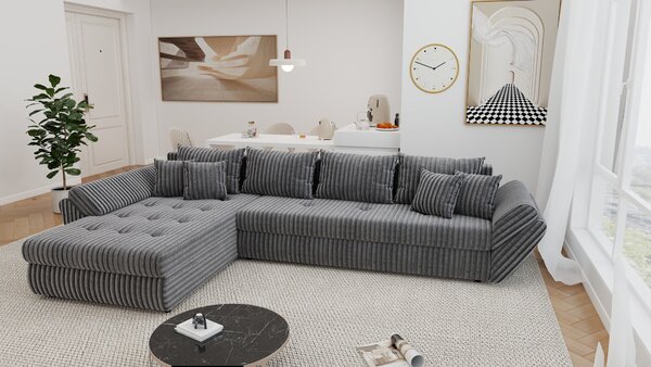 Colțar extensibil dumonde cu ladă de depozitare si sezut confortabil din spuma high-density, Loana XL Tilia Gri 90 335x185 cm