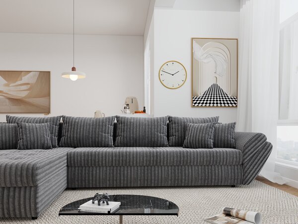 Colțar extensibil dumonde cu ladă de depozitare si sezut confortabil din spuma high-density, Loana XL Tilia Gri 90 335x185 cm