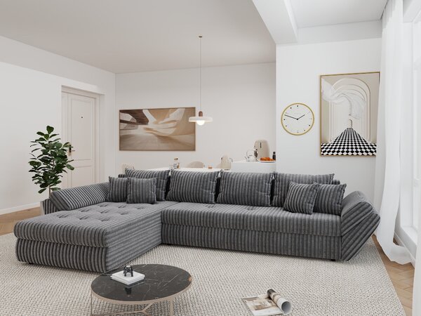 Colțar extensibil dumonde cu ladă de depozitare si sezut confortabil din spuma high-density, Loana XL Tilia Gri 90 335x185 cm