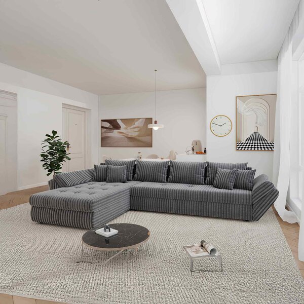 Colțar extensibil dumonde cu ladă de depozitare si sezut confortabil din spuma high-density, Loana XL Tilia Gri 90 335x185 cm