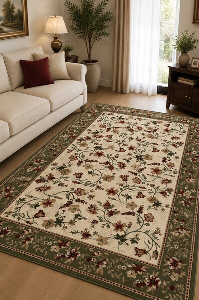 Covor Clasic Sufragerie, Model Lotos 15075 160, Crem Verde Dreptunghi, 80x200