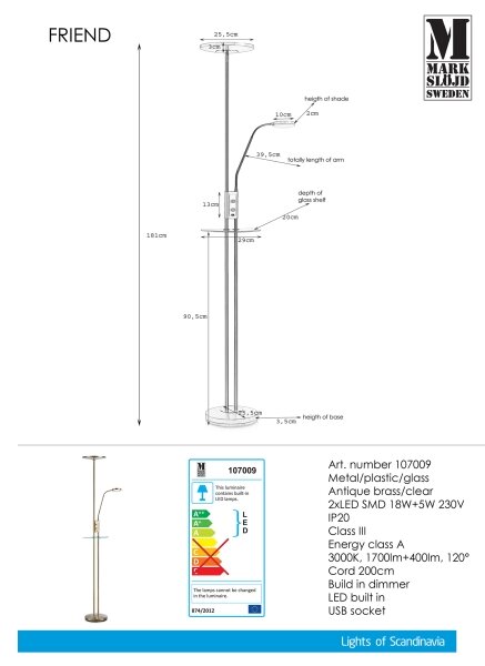 Markslöjd 107009 - LED Lampadar dimmabil FRIEND LED/18W/230V + LED/5W