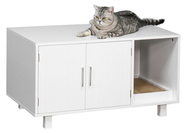 PawHut Mobilier din Lemn pentru Litiera Pisicilor, cu 2 Uși și Deschidere Laterală, 91x52x50,5 cm, Alb | Aosom Romania