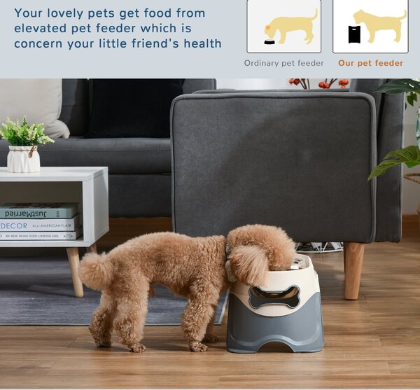 PawHut Bol Dublu Ridicat pentru Alimentarea Animalelor de Companie, Material PP, Design Modern Alb și Gri, 47x25x20cm | Aosom Romania