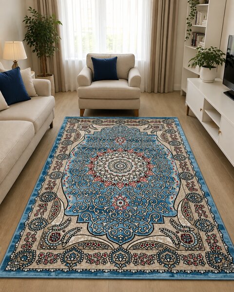 Covor Clasic Queen 10220, Model Oriental, Albastru Turcoaz 80x150