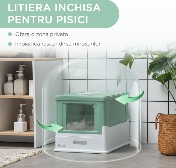 PawHut Litiera Pisici cu Tavă Detașabilă și 2 Uși, Spațiu Ascuns, 47.5x35.5x36.7cm, Verde | Aosom Romania