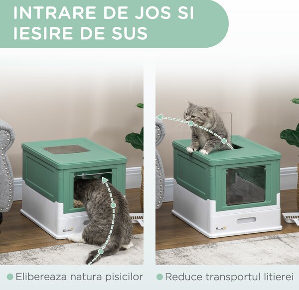 PawHut Litiera Pisici cu Tavă Detașabilă și 2 Uși, Spațiu Ascuns, 47.5x35.5x36.7cm, Verde | Aosom Romania