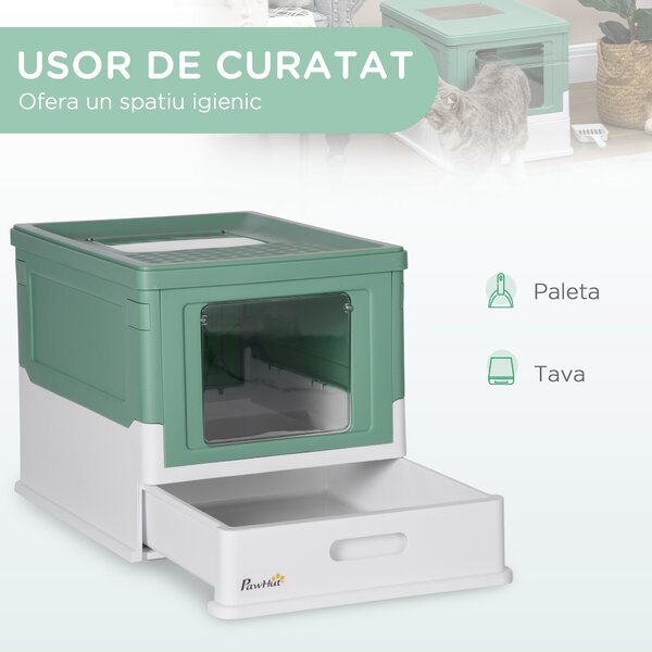 PawHut Litiera Pisici cu Tavă Detașabilă și 2 Uși, Spațiu Ascuns, 47.5x35.5x36.7cm, Verde | Aosom Romania