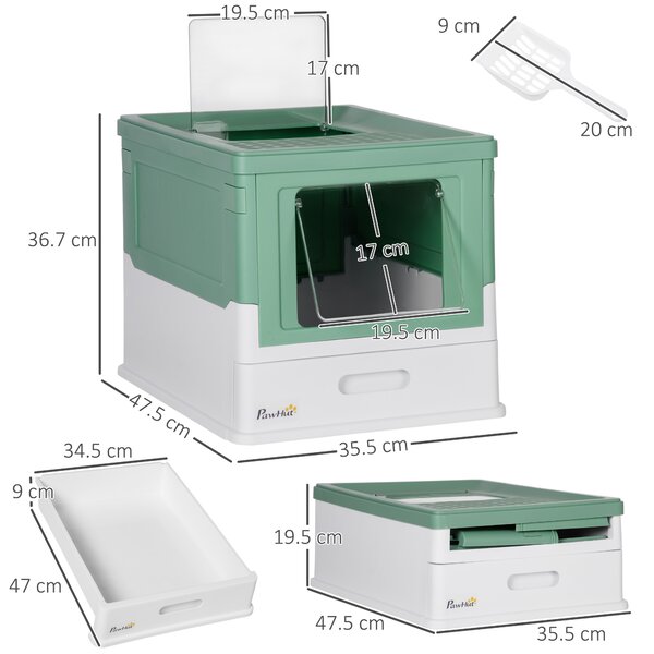 PawHut Litiera Pisici cu Tavă Detașabilă și 2 Uși, Spațiu Ascuns, 47.5x35.5x36.7cm, Verde | Aosom Romania