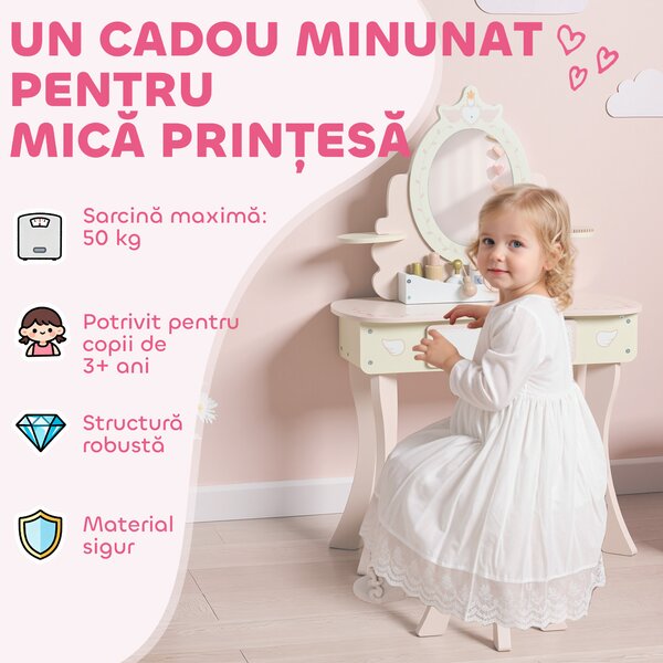 AIYAPLAY Set Masă de Toaletă pentru Copii cu Oglindă și Scaunel, 7 Accesorii de Joc, Sertar, Depozitare pe Birou, Roz | Aosom Romania