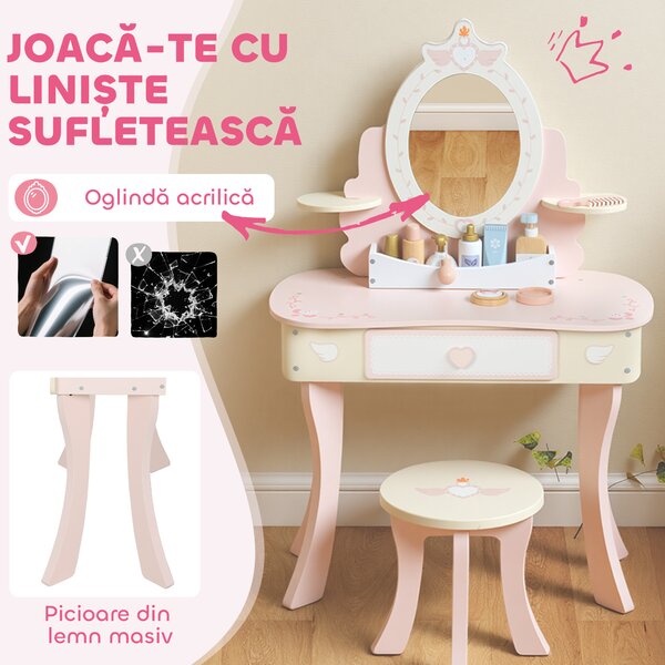 AIYAPLAY Set Masă de Toaletă pentru Copii cu Oglindă și Scaunel, 7 Accesorii de Joc, Sertar, Depozitare pe Birou, Roz | Aosom Romania