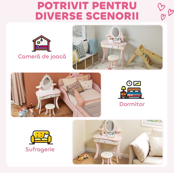 AIYAPLAY Set Masă de Toaletă pentru Copii cu Oglindă și Scaunel, 7 Accesorii de Joc, Sertar, Depozitare pe Birou, Roz | Aosom Romania