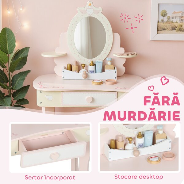 AIYAPLAY Set Masă de Toaletă pentru Copii cu Oglindă și Scaunel, 7 Accesorii de Joc, Sertar, Depozitare pe Birou, Roz | Aosom Romania