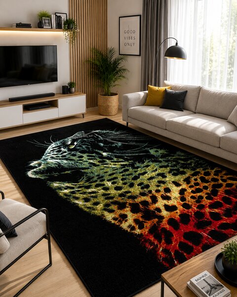 Covor Sufragerie, Model Black Leopard 11016 180, Covor Dreptunghiular, Negru Dreptunghi, 80x150