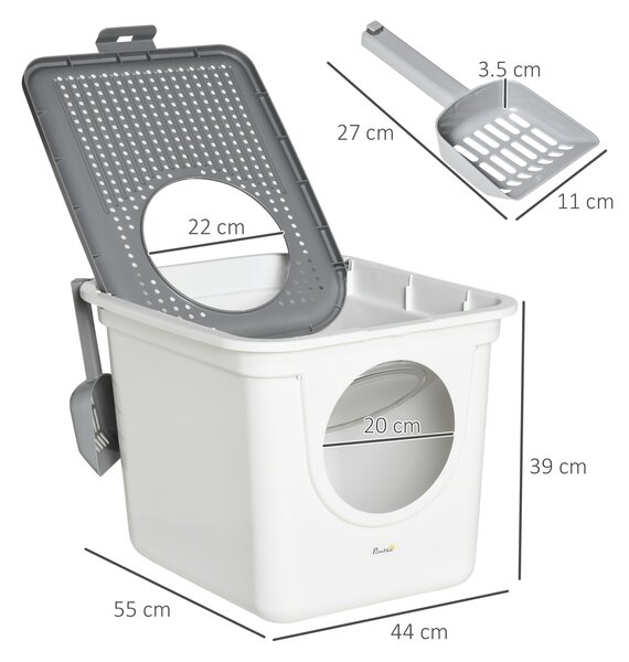 PawHut Litieră Închisă pentru Pisici cu 2 Intrări, cu Tavă și Lopățică, Litieră Acoperită din Plastic, 44x55x39 cm, Alb | Aosom Romania