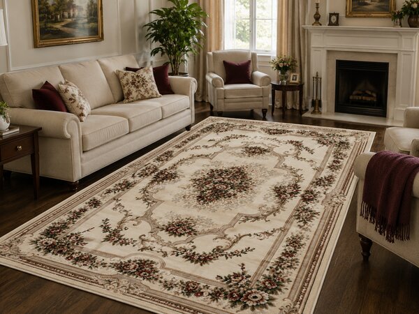 Covor Clasic Sufragerie Dormitor, Model Lotos 574 100, Crem Bej Crem, 80x200