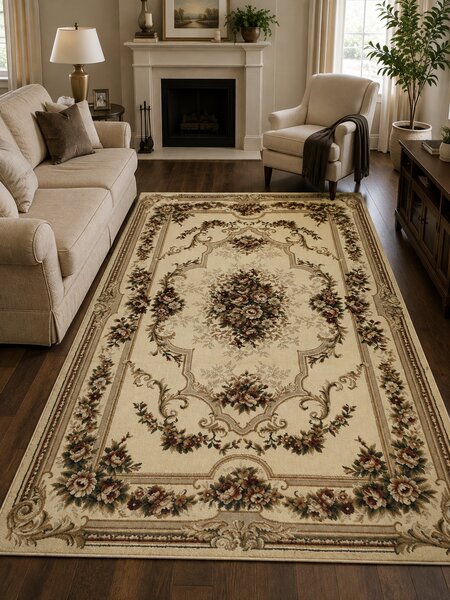 Covor Clasic Sufragerie Dormitor, Model Lotos 574 100, Crem Bej Crem, 80x200
