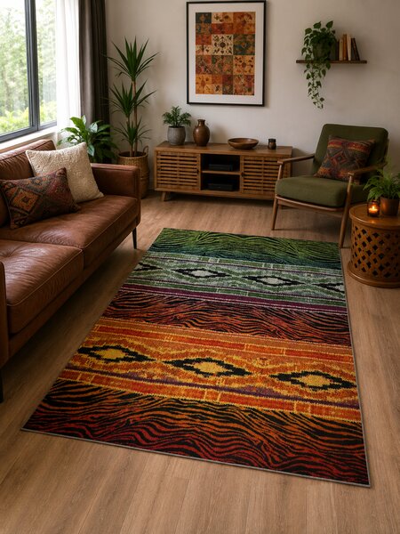 Covor Sufragerie Dormitor, Model Ethnic 11330 130, Verde Portocaliu Multicolor, Dreptunghi, 120x170