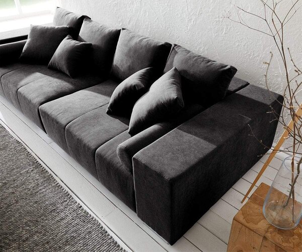 Canapea extensibilă dumonde cu ladă de depozitare si sezut confortabil din spuma high-density, Marbela Enjoy Black XXL 295x120 cm cu taburet inclus