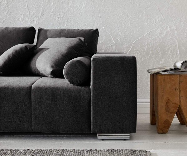 Canapea extensibilă dumonde cu ladă de depozitare si sezut confortabil din spuma high-density, Marbela Enjoy Black XXL 295x120 cm cu taburet inclus