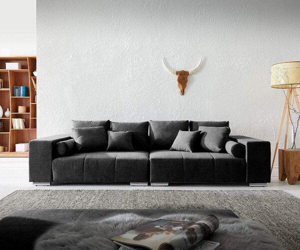 Canapea extensibilă dumonde cu ladă de depozitare si sezut confortabil din spuma high-density, Marbela Enjoy Black XXL 295x120 cm cu taburet inclus