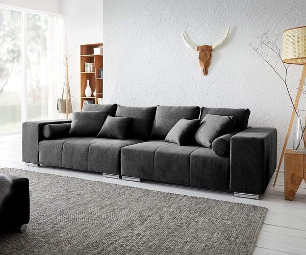 Canapea extensibilă dumonde cu ladă de depozitare si sezut confortabil din spuma high-density, Marbela Enjoy Black XXL 295x120 cm cu taburet inclus